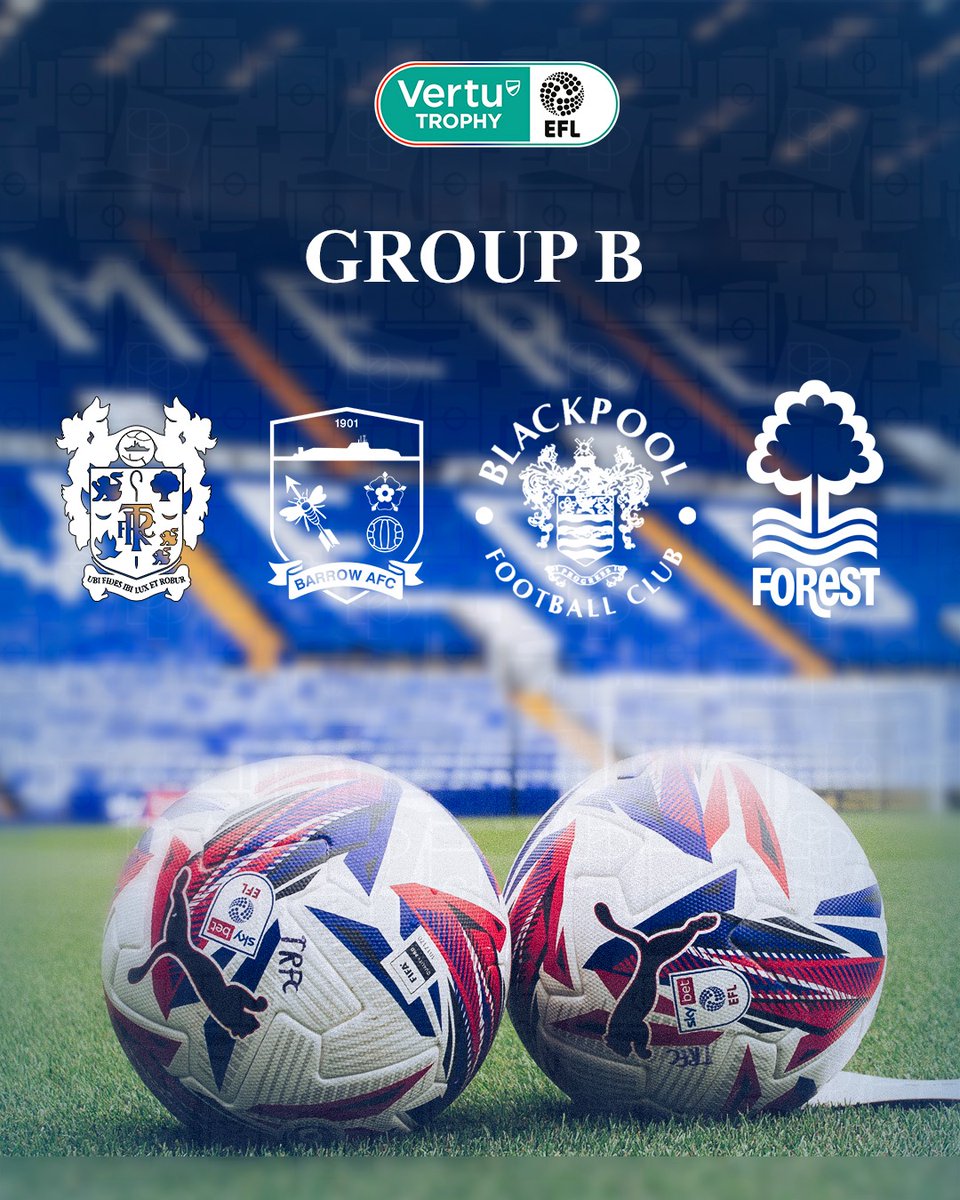 trfcbrasil's tweet photo. 🏆 O sorteio da Fase de Grupos para o Vertu Trophy 2025/26 foi realizado, com o Tranmere Rovers se juntando ao Barrow, Blackpool e Nottingham Forest Sub-21 no Grupo B da Seção Norte.

#TRFC #SWA https://t.co/jUS8eZBxdZ
