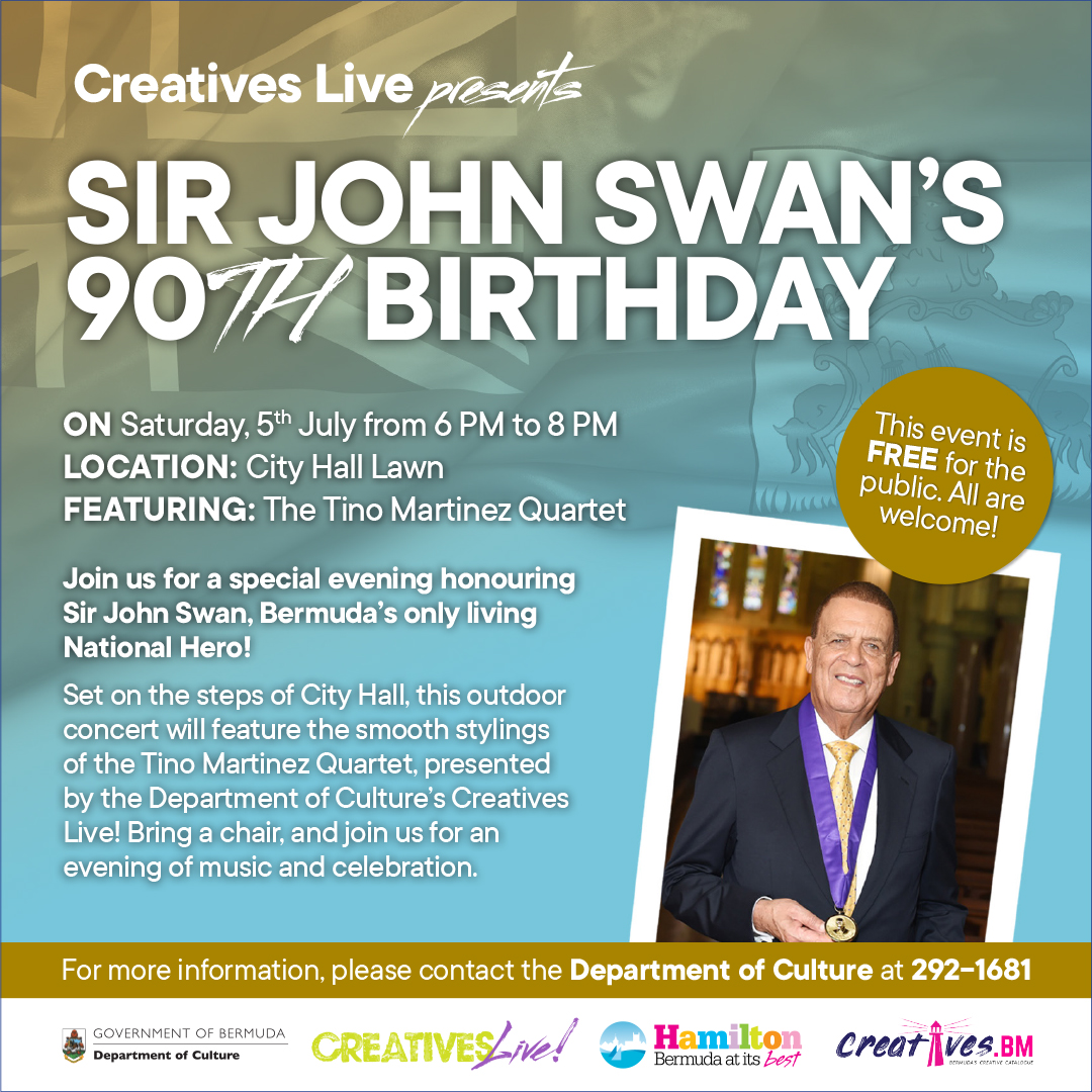 Celebrate the 90th birthday of our only living National Hero, Sir John Swan!

Creatives Live presents a FREE outdoor concert with the Tino Martinez Quartet on the City Hall lawn, this Saturday, July 5th, 6-8 PM.

Bring a chair and join the party! All are welcome!