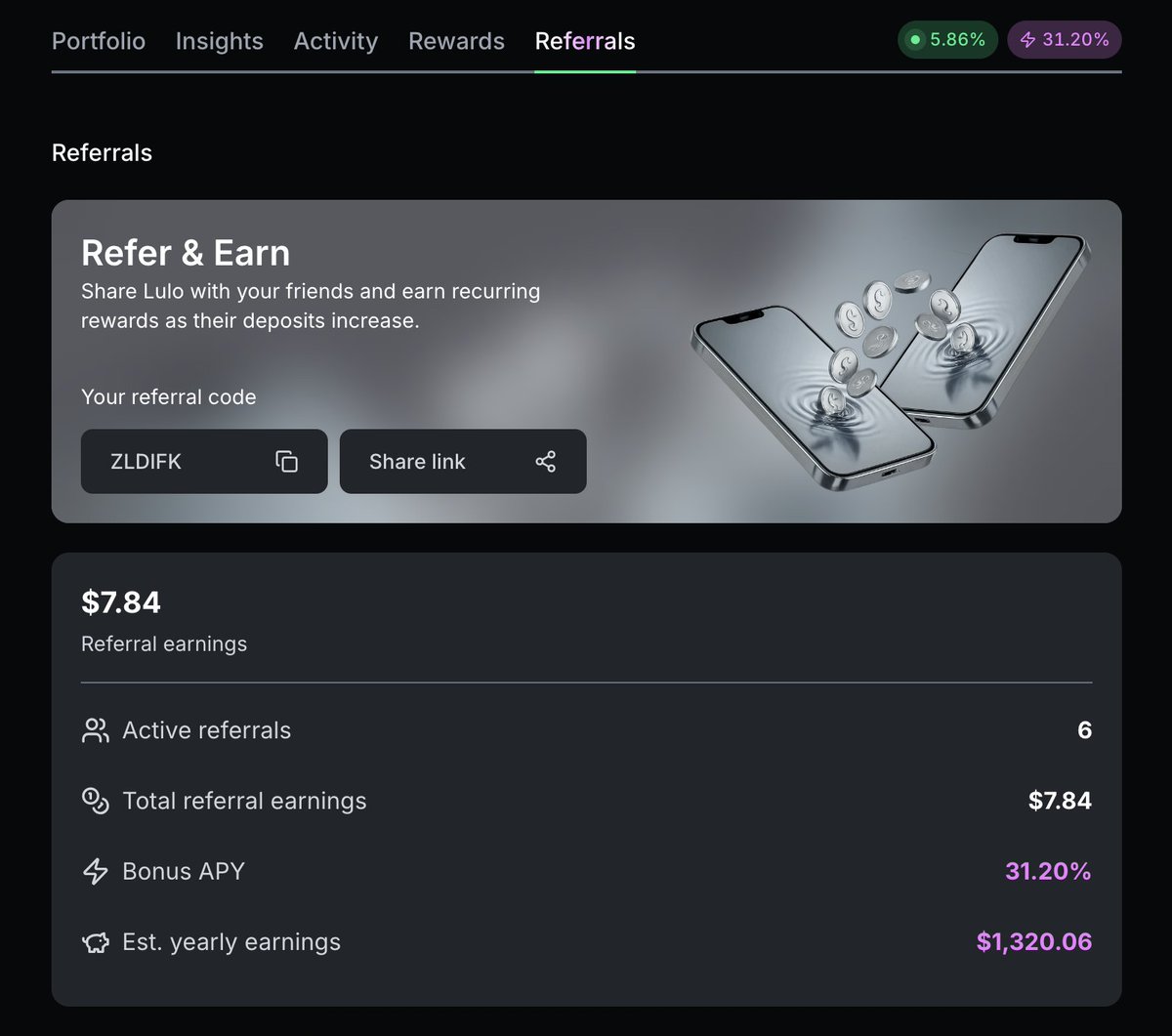 uselulo's tweet image. 🏆 Referrals are LIVE in Lulo web 🏆
Deposit $100 into either Protected 💎 or Boosted 🚀 to unlock your referral code
🎁 Give the gift of stablecoin yield to your friends and family and EARN MORE in return: all referrers earn a 50% fee share FOR LIFE