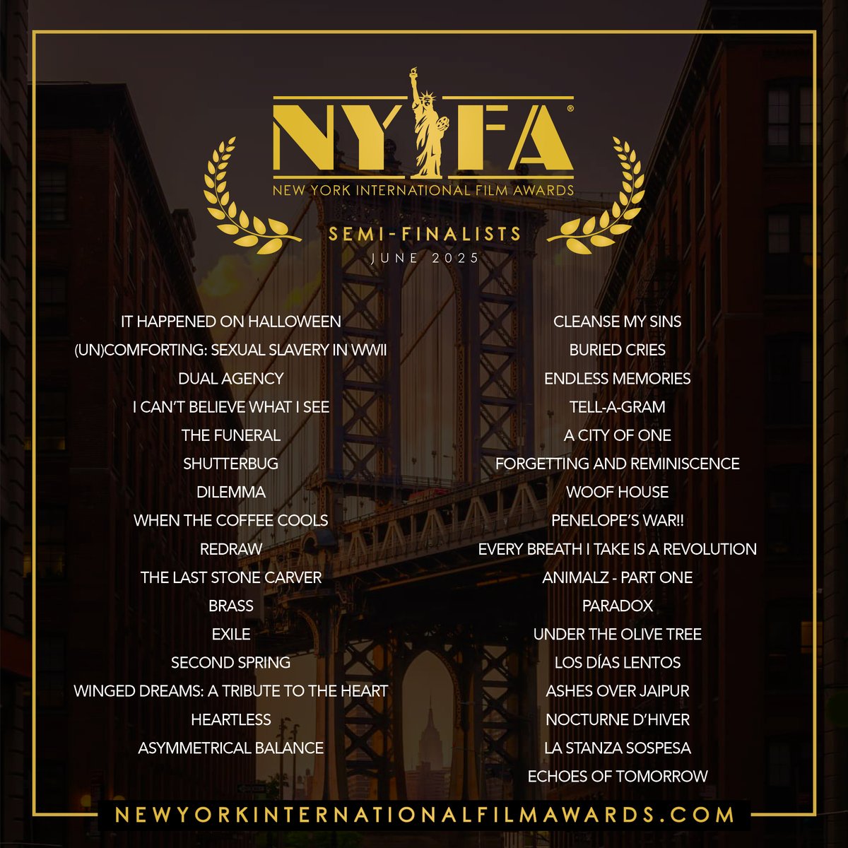 NYIntFilmAwards's tweet photo. 🗽Congratulations to all the Amazing #SemiFinalists of the June Edition! 🎬 #NYIFA
.
.
If you are a Semi-Finalist, be sure to check the email address you entered on FilmFreeway and/or your spam folder. https://t.co/hWe8AVBcPW
