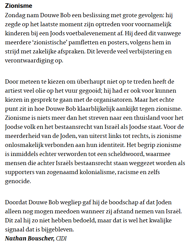 Ingezonden brief CIDI in de Volkskrant #DouweBob