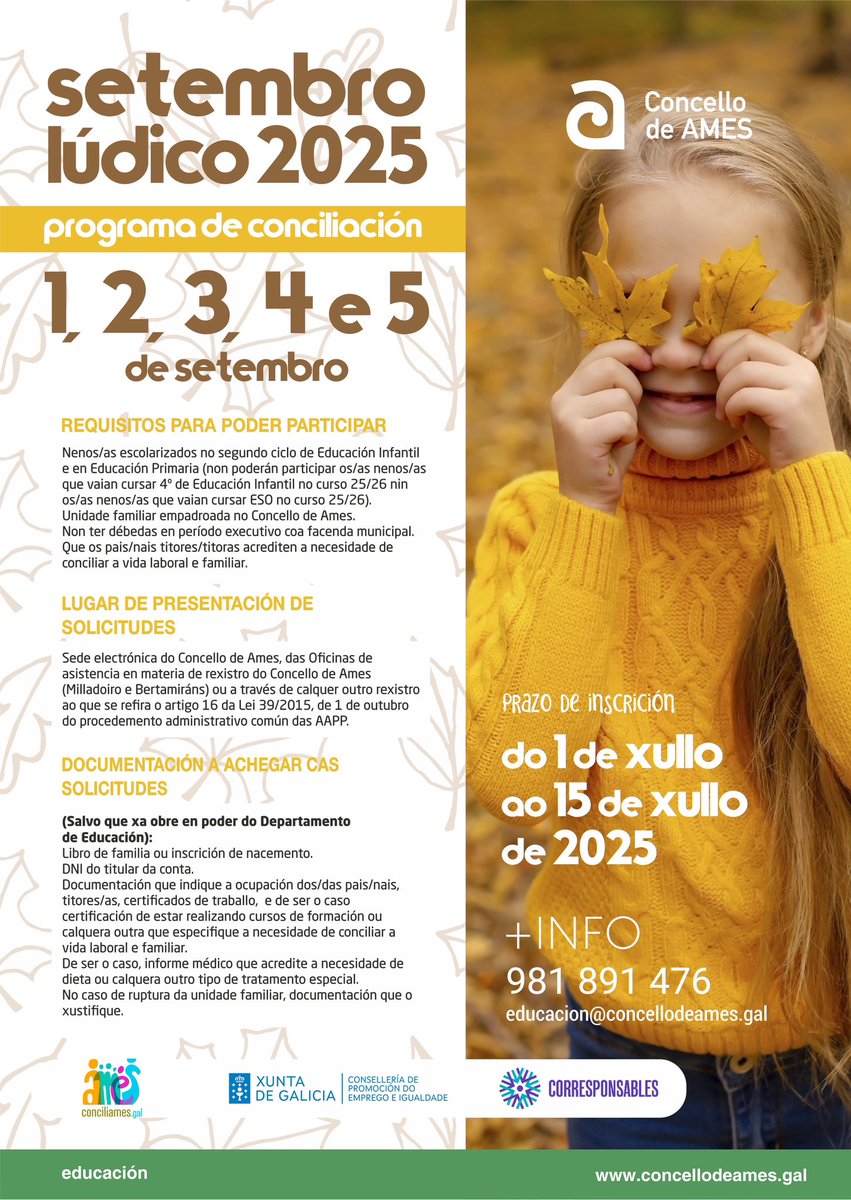 Aberto o prazo, ata o 15 de xullo, de inscrición para inscribirse no programa de conciliación Setembro Lúdico 2025 🎲🧩

Toda a ℹ️🔗bit.ly/3Go6Nlp

#SetembroLúdico #Conciliación #Educación #Ames #ConcelloDeAmes