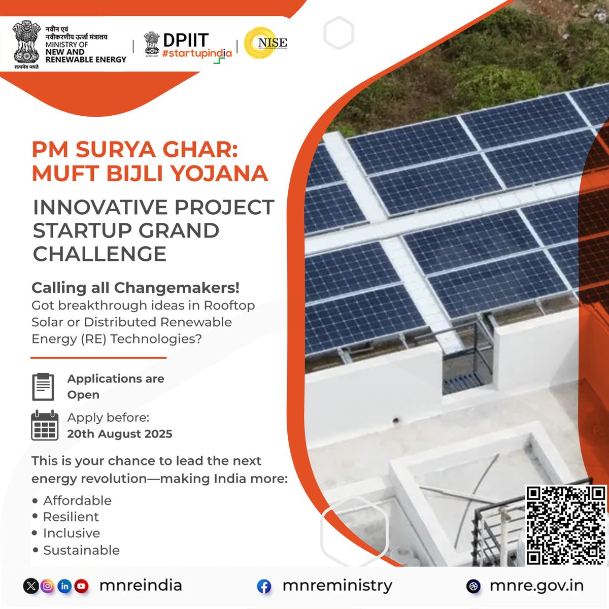 🚨Big Alert for Innovators 🚨
Got a 🔥 solar idea that can light up homes? 

Here’s your chance to turn your startup dream into reality! 

PM Surya Ghar: Muft Bijli Yojana is hosting the Innovative Project Startup Grand Challenge – and we’re looking for game-changers in Rooftop