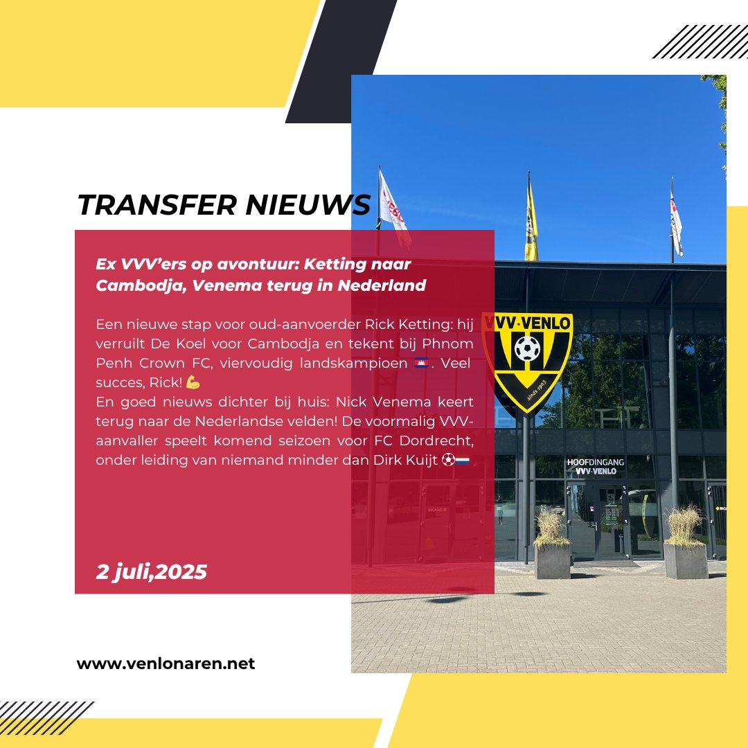 🌍 | Oud-VVV'er Rick Ketting kiest voor een buitenlands avontuur bij Phnom Penh Crown FC 🇰🇭
⚡ Nick Venema keert juist terug op Nederlandse bodem en tekent bij FC Dordrecht, onder trainer Dirk Kuijt 🇳🇱

#VVVVenlo #TransferUpdate #Ketting #Venema #Cambodja #FCDordrecht #ForzaVVV