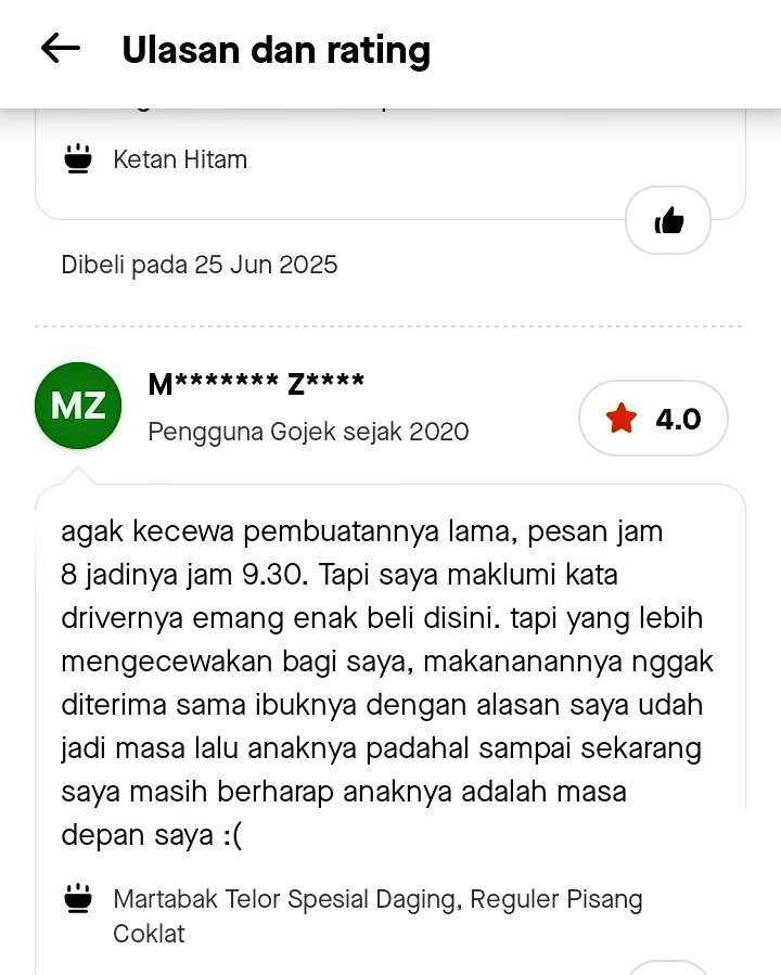 Iseng bacain review di g*jek kok masnya malah curhat😅 sabar ya mas mungkin memang belum jodohnya🥹