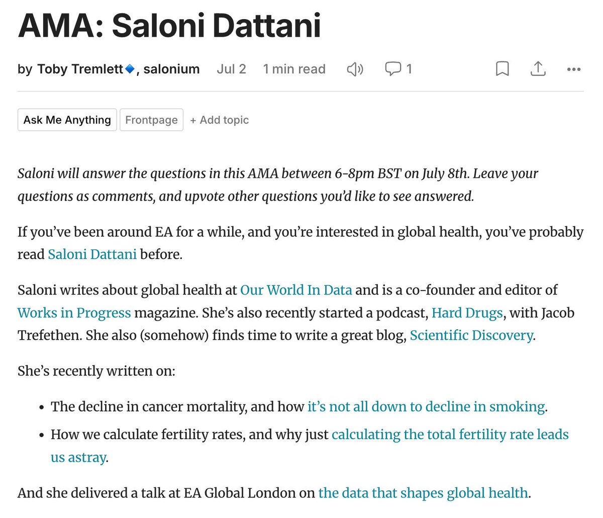 Ask me anything! 

If you have questions about writing, podcasting, global health, medical innovation, data, or anything else, I'll be doing an AMA on the EA Forum next week.

It's between 6-8pm BST on July 8th but you can also leave qs here in advance: forum.effectivealtruism.org/posts/i2DtGATx…