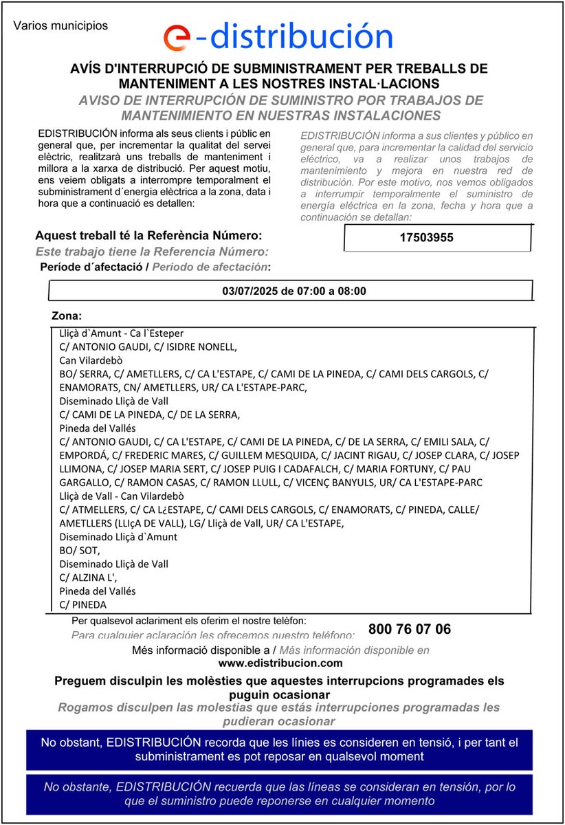 ⚠️e-distribución informa d'un tall del subministrament elèctric per tasques de manteniment a les seves instal·lacions. L'afectació està prevista per dijous 3 de juliol, de 7 a 8 h, als carrers de Ca l'Esteper i Pinedes del Vallès que es detallen a l'avís 👇
#LliçàdAmunt
