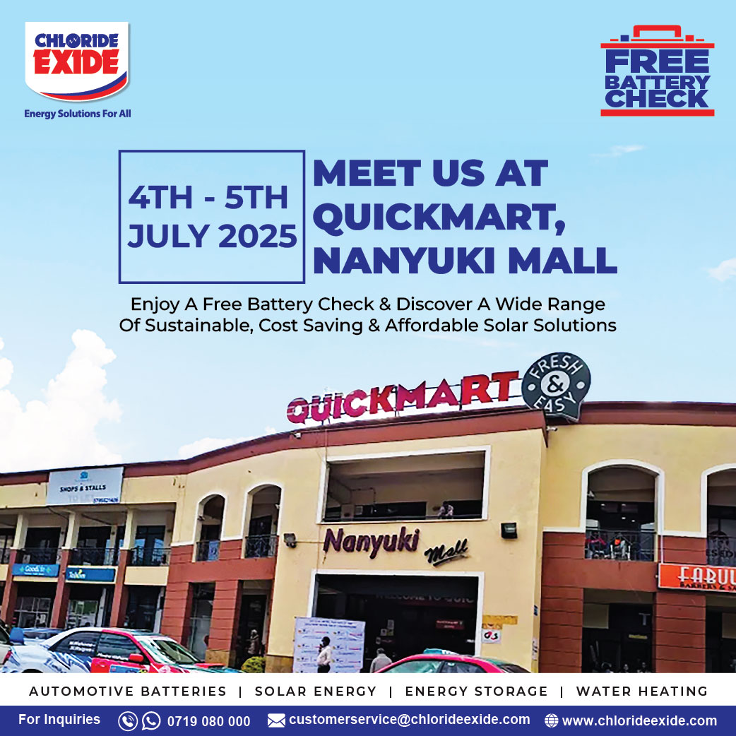 😲 Paying Ksh 3,000 a month on electricity? 
😃 Slash that bill to as low as Ksh 700!

Wondering how? 
👉 This Friday and Saturday, meet the energy experts from Chloride Exide at Quickmart, Nanyuki Mall and discover how to save big, boost your home's energy efficiency and support