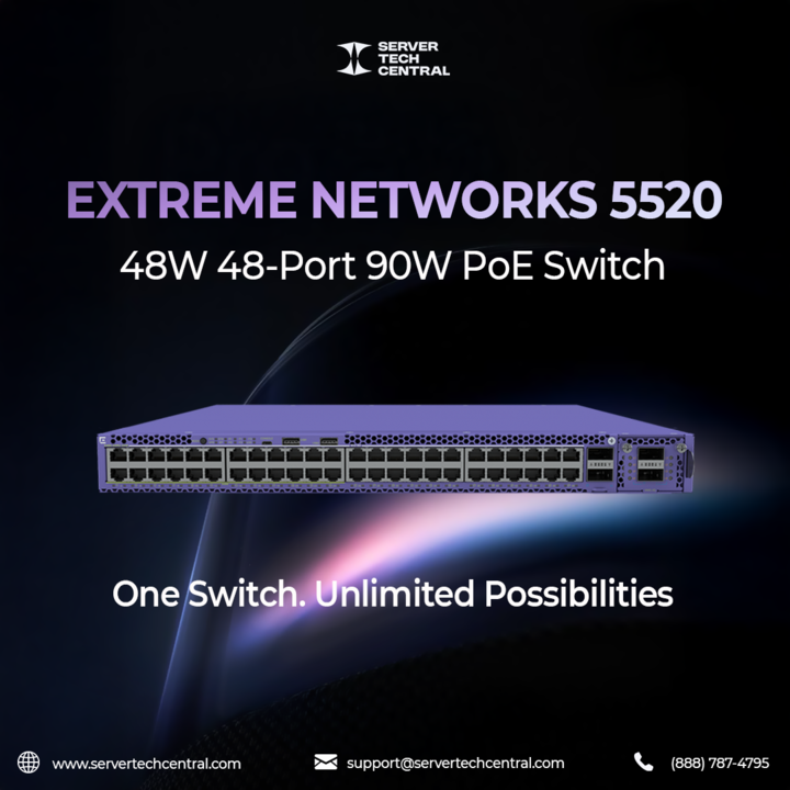 servertcentral's tweet photo. 🔌 Extreme Networks 5520 – 48W 48-Port 90W PoE Switch
⚡ Power your network. Expand with confidence.
One switch. Unlimited possibilities.
#ExtremeNetworks 
#PoESwitch 
#NetworkingGear 
#ServerTechCentral https://t.co/jTYVaggU4F