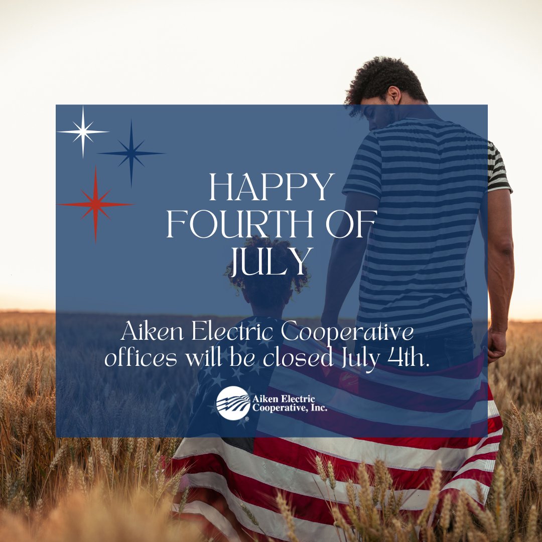 Our offices will be closed on Friday, July 4, in observance of Independence Day.

Outages can be reported through the mobile app or by calling or texting 877-264-5368. To purchase power or to make a payment, please visit one of our payment kiosks or visit aikenco-op.org.