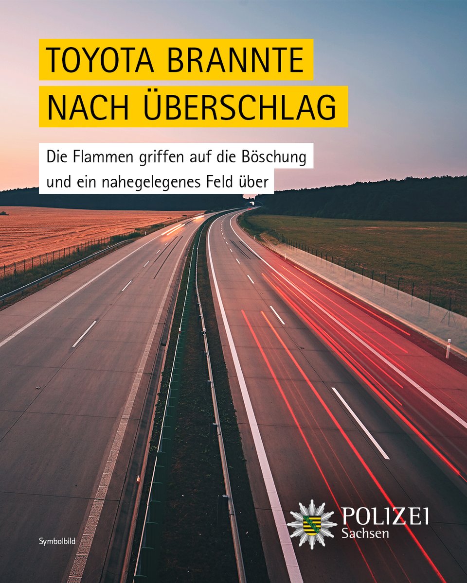 Ein Toyota Corolla hat sich auf der Autobahn 13 überschlagen und ist in Brand geraten. Die Flammen griffen auch auf die Böschung und ein nahegelegenes Feld über. Der Fahrer wurde schwer verletzt.

Diese und weitere Meldungen der Polizeidirektion #Dresden: medienservice.sachsen.de/medien/news/10…