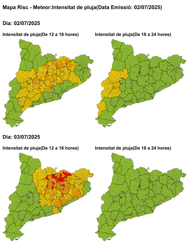 🌧️Protecció civil manté la situació d'alerta de l'INUNCAT. El <a href="/meteocat/">Meteocat</a> informa de la previsió de xàfecs sovint acompanyats de tempesta, localment de pedra i amb fortes ratxes de vent. 
ℹ️llam.cat/avisos