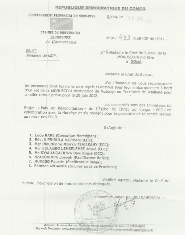 Le 19 janvier 2012 <a href="/julienpalukucom/">JULIEN PALUKU</a>  recommande l’embarquement de deux cadres FDLR – Faustin Murego &amp; Joseph Nzabonimpa – dans un vol MONUSCO vers Walikale, sous l’étiquette de "facilitateurs belges", pour un prétendu travail de sensibilisation au "retour volontaire" Complicité