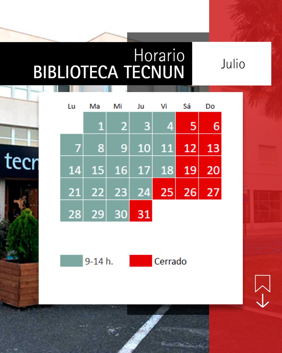 Consulta el 🗓️ horario de la Biblioteca <a href="/tecnun/">Tecnun</a>, del campus San Sebastián, durante el mes de julio.

🔗unav.edu/web/biblioteca…

#HorarioBiblioteca #Julio2025