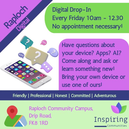 📲 Drop In for Digital Help—No Appointment Needed!
📆 Every Friday
 ⏲10am – 12:30pm
 📍Raploch Community Campus

Got a digital question or need a hand with your device? Just drop in—no booking required! Whether you want to fix a problem or get online, we’re here to help.