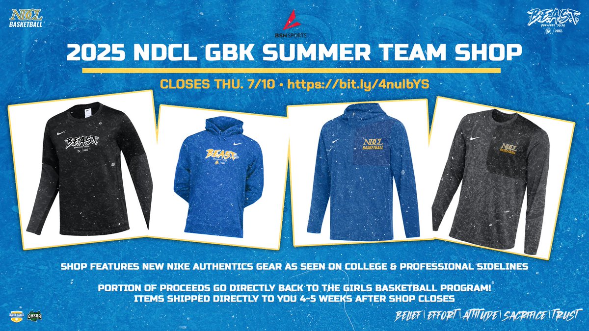 NDCL Girls Basketball (@ndcl_gbball) on Twitter photo 🦁 The 2025 NDCL Girls Basketball Team Shop is NOW OPEN‼️
Featuring our new BEAST logo + Nike Authentics gear you won’t find anywhere else 👀 Portion of proceeds go directly back to our program!
Shop now through July 10th! 👇
🔗 bsnteamsports.com/shop/hPfdegLzjG
#WeAreNDCL | #BEAST🦁 🦁 The 2025 NDCL Girls Basketball Team Shop is NOW OPEN‼️
Featuring our new BEAST logo + Nike Authentics gear you won’t find anywhere else 👀 Portion of proceeds go directly back to our program!
Shop now through July 10th! 👇
🔗 bsnteamsports.com/shop/hPfdegLzjG
#WeAreNDCL | #BEAST🦁