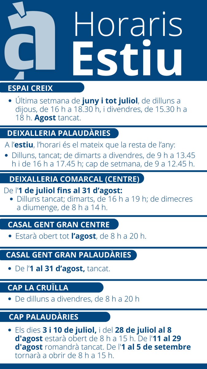 ☀️ Amb l'arribada de l'estiu, alguns equipaments i servis municipals modifiquen els seus horaris, els pots consultar al web ➡️ llam.cat/horarisestiu25