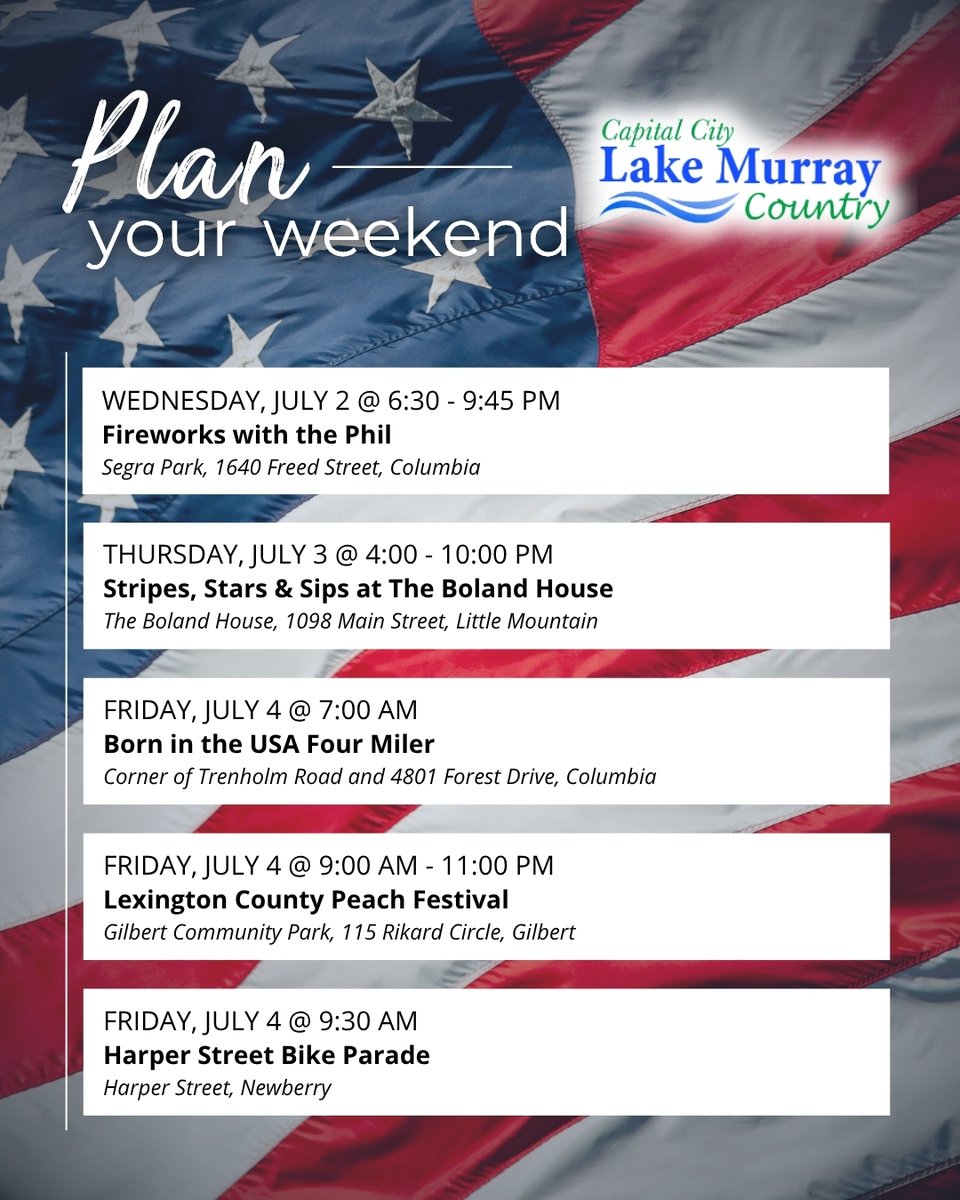 LakeMurrayCtry's tweet image. It's time to #planyourweekend! Visit LakeMurrayCountry.com/events to view what's happening in the region!
🎥 Check us out on @sodacityliving every other week!
🇺🇸 Happy 4th of July!
#TopSouthernDestination #LakeMurrayCountry #PlanYourWeekend