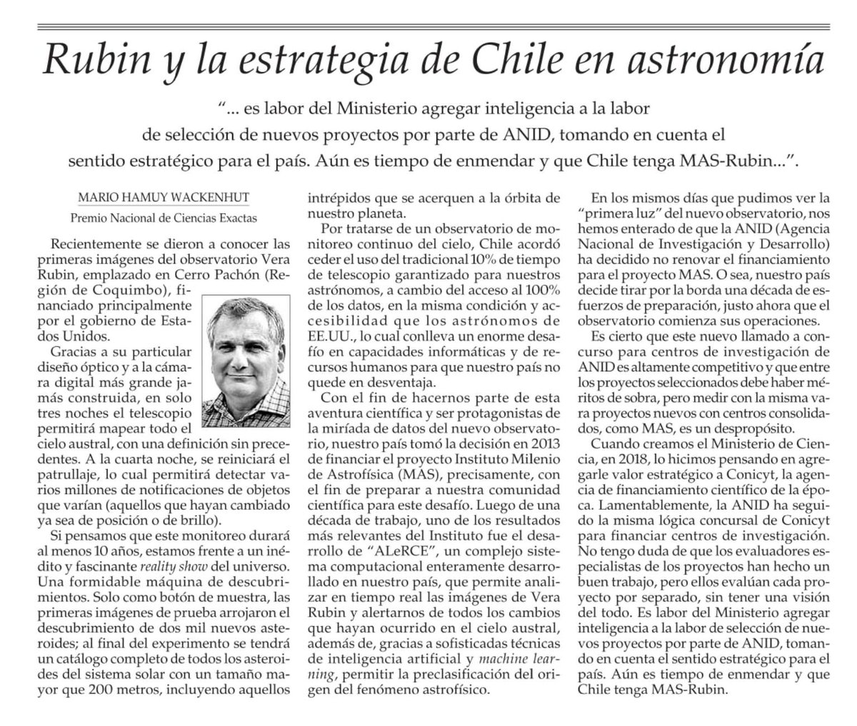 Les dejo esta columna sobre el nuevo observatorio Vera Rubin y la falta de apoyo a astrónomo@s chilen@s de ⁦<a href="/astrofisicaMAS/">MAS</a>⁩ que llevan una década preparándose para esta tremenda oportunidad ⁦<a href="/Fuchas_/">Fundación Chilena de Astronomía</a>⁩ ⁦