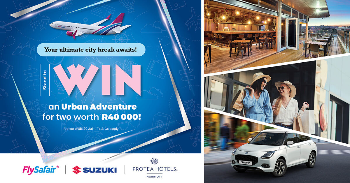 Stand to WIN an epic city break worth R40 000, including return flights for 2, a 3-night stay at a Protea Hotel by Marriott in either Cape Town, Durbs, or Jozi, a Suzuki Swift with petrol for 3 days, and R15 000 in spending money. 

Enter at flyfa.me/suzuki-urban-a…

Ts&amp;Cs apply