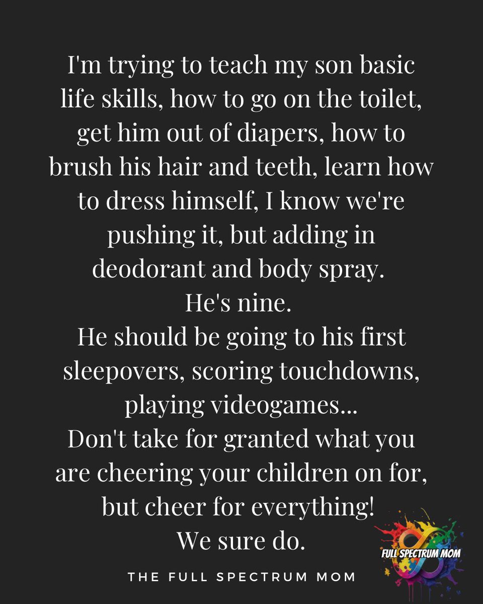FullSpectrumMom's tweet image. "I’m trying to teach my son basic life skills, how to go on the toilet, get him out of diapers, how to brush his hair and teeth, learn how to dress himself, I know we’re pushing it, but adding in deodorant and body spray. 
He’s nine. 
He should be going to his first sleepovers,…