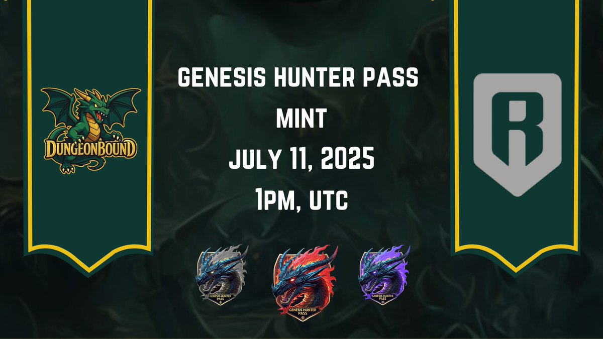 ⚔️ @theDungeonbound  Genesis Hunter Pass mint drops July 11 @ 1PM UTC — FREE MINT!

🎁 Collab WL is closed, but a new giveaway is coming.

OG Hunters, Bound Booster &amp; Bound Creator get bonus entries!

Join the Discord &amp; stay ahead.

discord.gg/F2H4yDwkHV

#DungeonBound #RONIN