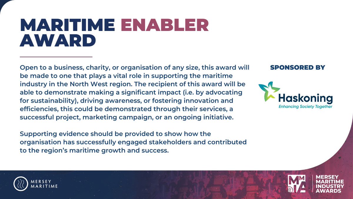 🌊 Maritime Enabler Award – Sponsored by <a href="/haskoning/">Haskoning</a>

Celebrating impact through sustainability, innovation, or awareness. Recognise a service, project, campaign or initiative making a difference.

👉 Apply now: hubs.ly/Q03vbvFw0
#MMIA25 #MaritimeEnabler #StrongerTogether