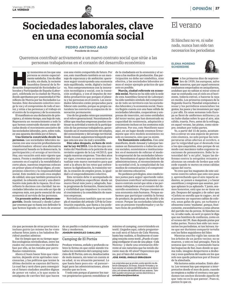 🌍 Otro modelo económico es posible… Y ya existe.

Sociedades laborales, clave en una economía social: sitúan en el centro las personas, el trabajo digno y el compromiso con el entorno.

No te pierdas este artículo del presidente de <a href="/Amusal/">amusal</a>, Pedro Antonio Abad, para
<a href="/laverdad_es/">laverdad_es</a>