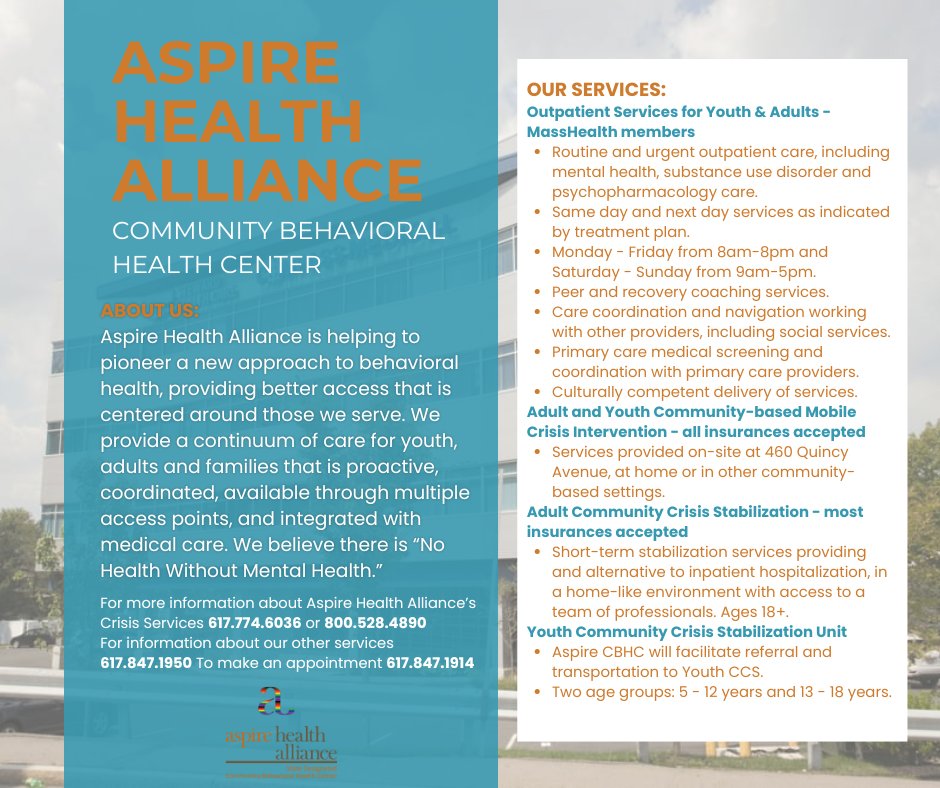 At Aspire Health Alliance's Community Behavioral Health Center, we're here for you! We provide compassionate, accessible mental health care when you need it most. Whether you need urgent support or ongoing care, our team is ready to help! 
Learn more: aspirehealthalliance.org