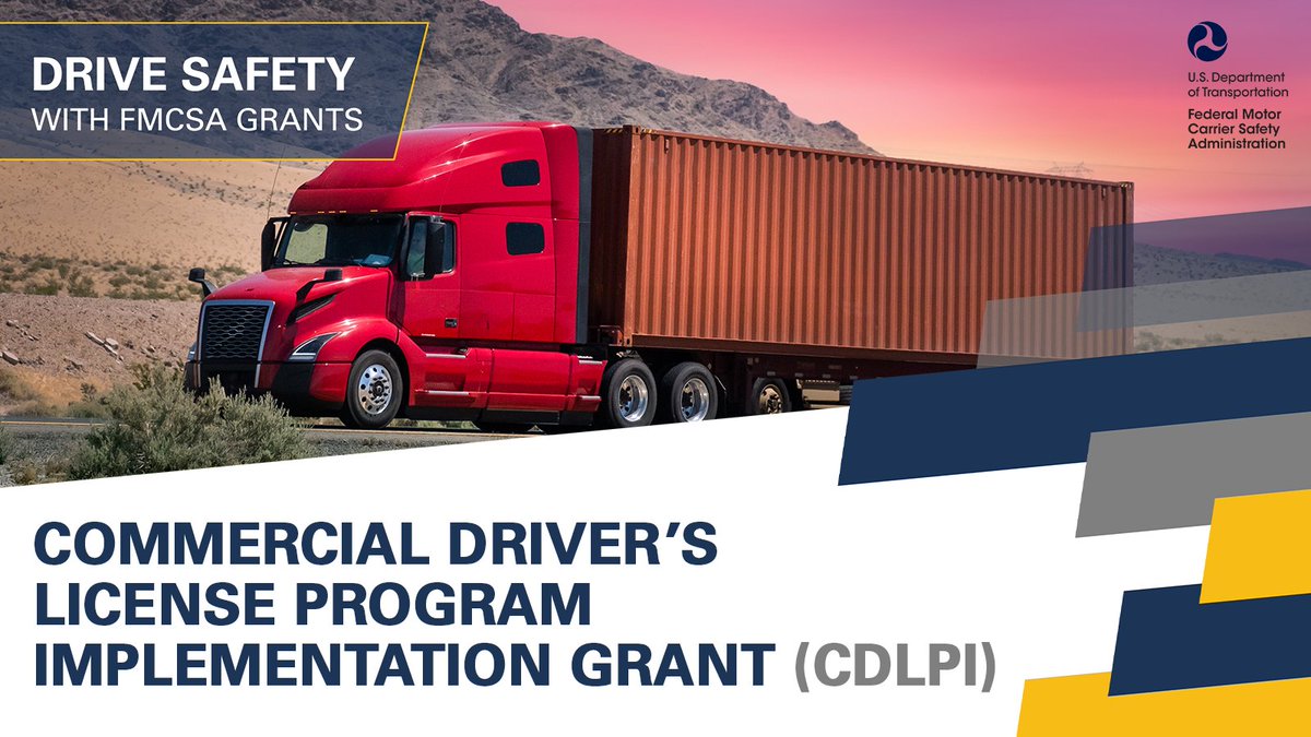 FMCSA's tweet image. ⏳ Time’s almost up! The application window for FMCSA’s Commercial Driver’s License Program Implementation (CDLPI) grant closes at 5:00 pm ET on Monday, July 7.
📄 Learn more: fmcsa.dot.gov/mission/grants…
#TransportationSafety #FMCSAGrants