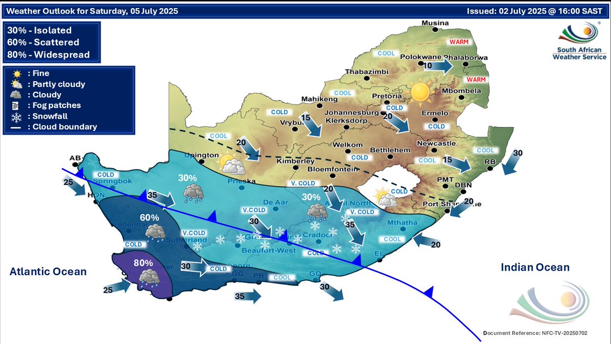 Weather outlook for Friday &amp; Saturday, 4 - 5 July 2025.
Partly cloudy &amp; cold to very cold with isolated to scattered showers &amp; thundershowers over the south -western interior, as well as in the eastern parts on Friday. 
#saws #weatheroutlook #southafricanweather