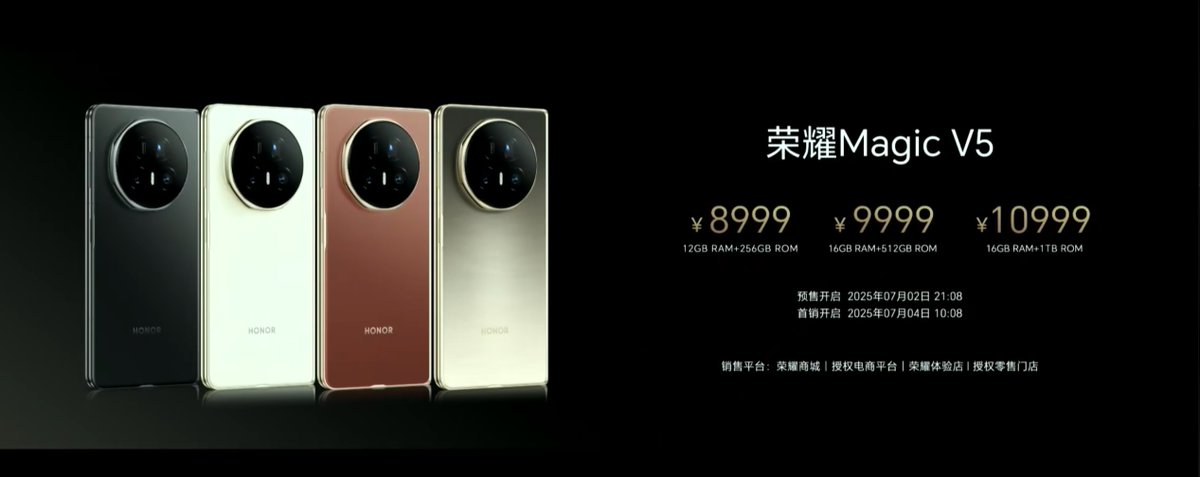 Honor Magic V5 Chinese pricing 💰🇨🇳 8999¥ ~ 12+256GB 9999¥ ~ 16+
