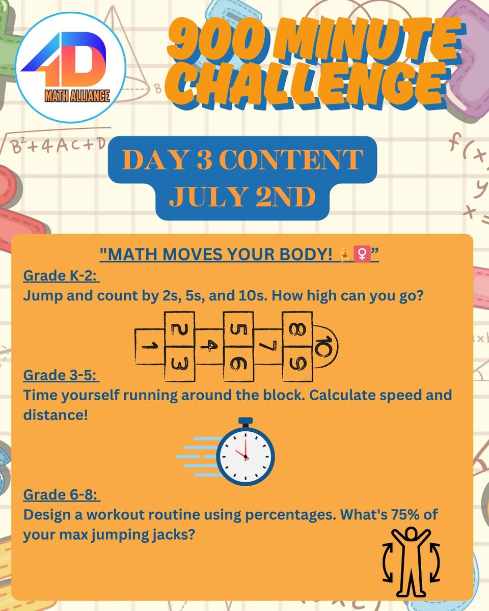 4dMath's tweet photo. Day 3 of the #900MinChallenge Gets #Students moving &amp; discovering the #math around them when they move! We look forward to your times, counts, &amp; results! Share them in the comments, tagging us or emailing info@4dma.org Invite your friends &amp; family! #MathMovement #StopSummerSlide https://t.co/6eUZ8SHcFq