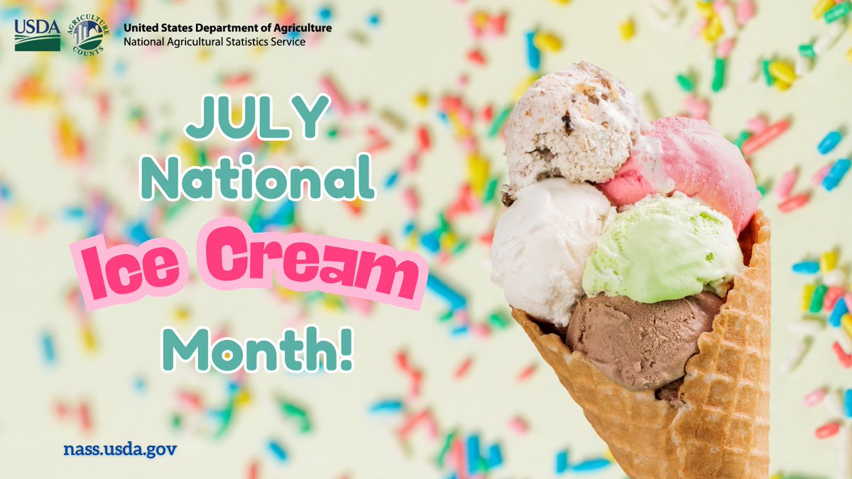 Get the scoop! NASS produces an annual summary of #dairy products (including ice cream, of course) in April. This year’s report shows the United States produced 886 million gallons of regular ice cream and 412 million gallons of lowfat ice cream in 2024. #NationalIceCreamMonth