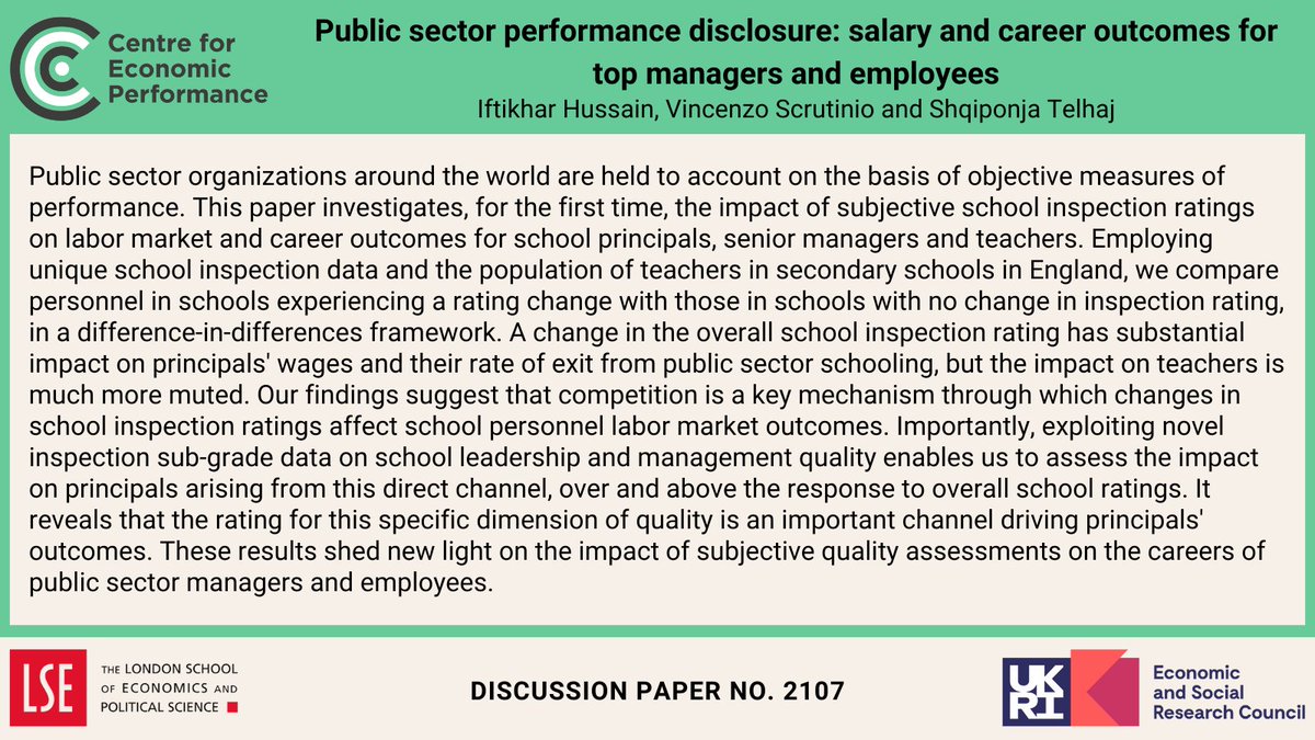 Centre for Economic Performance (@cep_lse) on Twitter photo Public sector performance disclosure: salary and career outcomes for top managers and employees
By: Iftikhar Hussain, <a href="/v_scrutinio/">Vincenzo Scrutinio</a> and <a href="/ShqiponjaTelhaj/">Shqiponja Telhaj</a>
Read at: ow.ly/PjWG50WjCoc Public sector performance disclosure: salary and career outcomes for top managers and employees
By: Iftikhar Hussain, <a href="/v_scrutinio/">Vincenzo Scrutinio</a> and <a href="/ShqiponjaTelhaj/">Shqiponja Telhaj</a>
Read at: ow.ly/PjWG50WjCoc