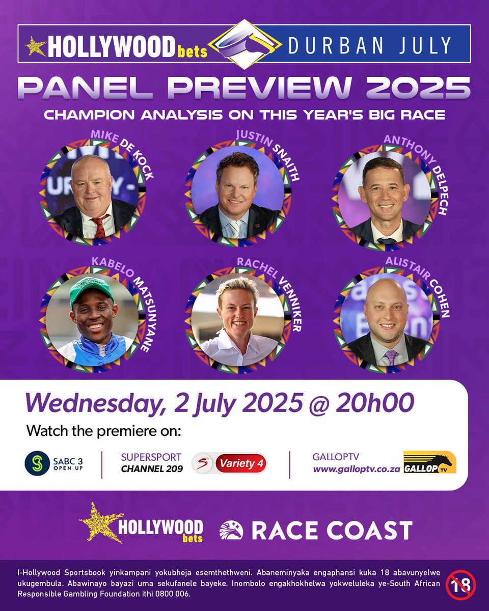 HWBFoundation's tweet image. 🎉 History in the making!
Tonight we bring you double the insight and double the excitement for the Hollywoodbets Durban July 2025! 🐎💜
🔸 The ultimate race breakdown with the English Panel – 17:00 on SuperSport Variety 4
🔸 Then… the FIRST-EVER isiZulu panel 🇿🇦 – Ingxoxo…