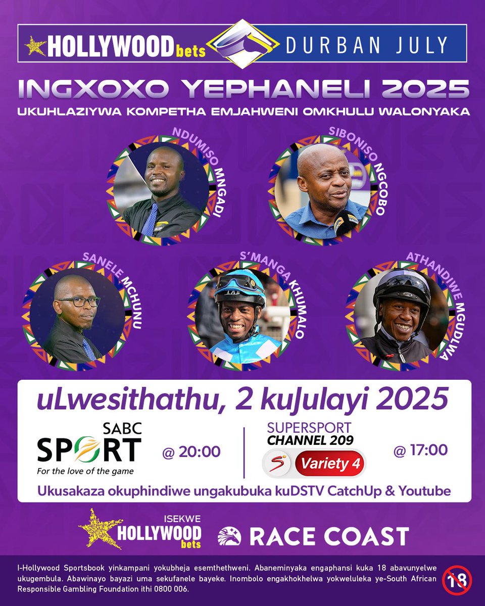 HWBFoundation's tweet image. 🎉 History in the making!
Tonight we bring you double the insight and double the excitement for the Hollywoodbets Durban July 2025! 🐎💜
🔸 The ultimate race breakdown with the English Panel – 17:00 on SuperSport Variety 4
🔸 Then… the FIRST-EVER isiZulu panel 🇿🇦 – Ingxoxo…