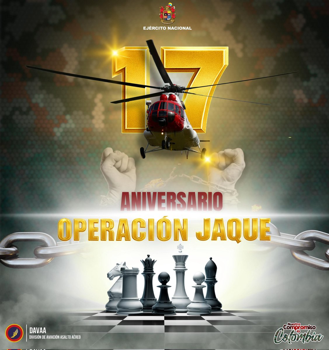 Ejercito_Davaa's tweet photo. El 2 de julio de 2008, #Colombia fue testigo de una acción militar sin precedentes, histórica y estratégica: la Operación Jaque, que permitió el rescate de 15 secuestrados que permanecían en cautiverio por parte de las extintas FARC.

Al conmemorarse 17 años de esta heroica misión, desarrollada en el departamento del Guaviare, se rinde homenaje a los hombres y mujeres del @COL_EJERCITO que hicieron posible devolver la libertad a 12 colombianos y 3 extranjeros.

Nuestra aeronave Libertad I fue parte fundamental en el desarrollo de esta emblemática operación.

¡Orgullo por siempre!

#PatriaHonorLealtad
#NuestroCompromisoEs🇨🇴