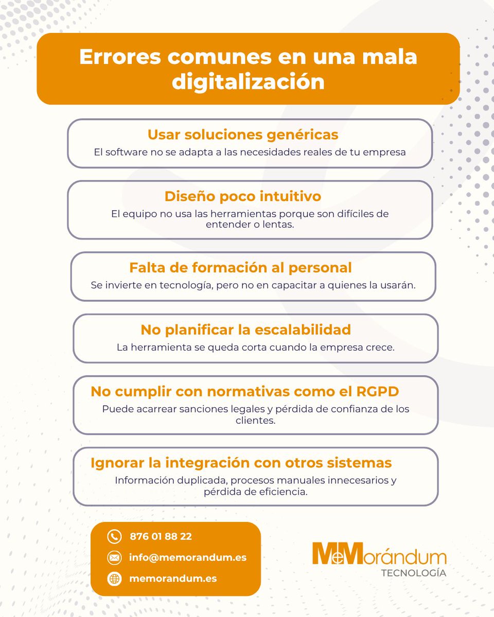 Digitalizar no es solo implementar tecnología. Es hacerlo bien.
En Memorándum acompañamos a nuestros clientes desde el diagnóstico inicial hasta el soporte continuo, asegurando que cada solución tecnológica sea útil, eficiente y escalable.
🌐 memorandum.es