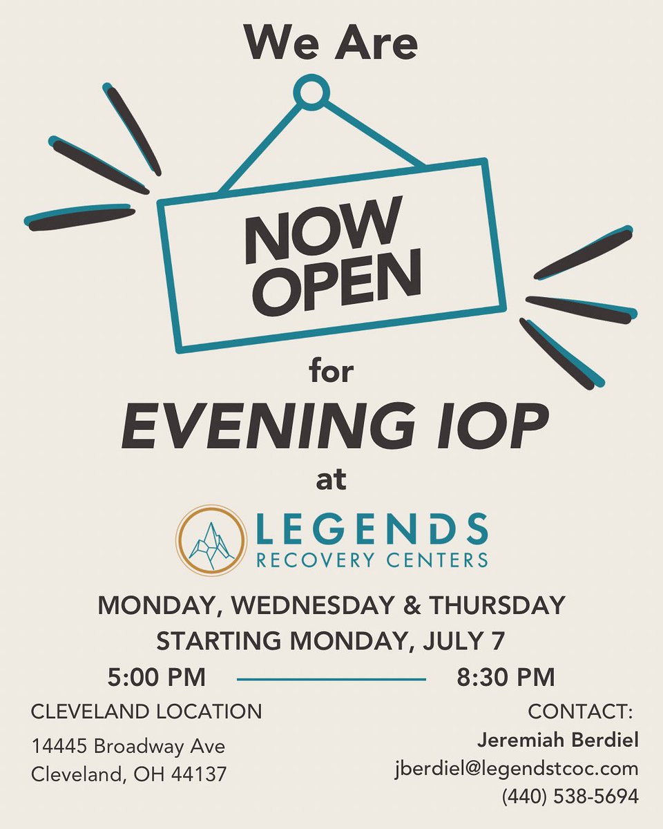 Our Cleveland location is now open for evening IOP, starting next Monday! Reach out today to learn more &amp; start your recovery journey today! #legendsrecoverycenter #whereleadersaremade #NowOpen