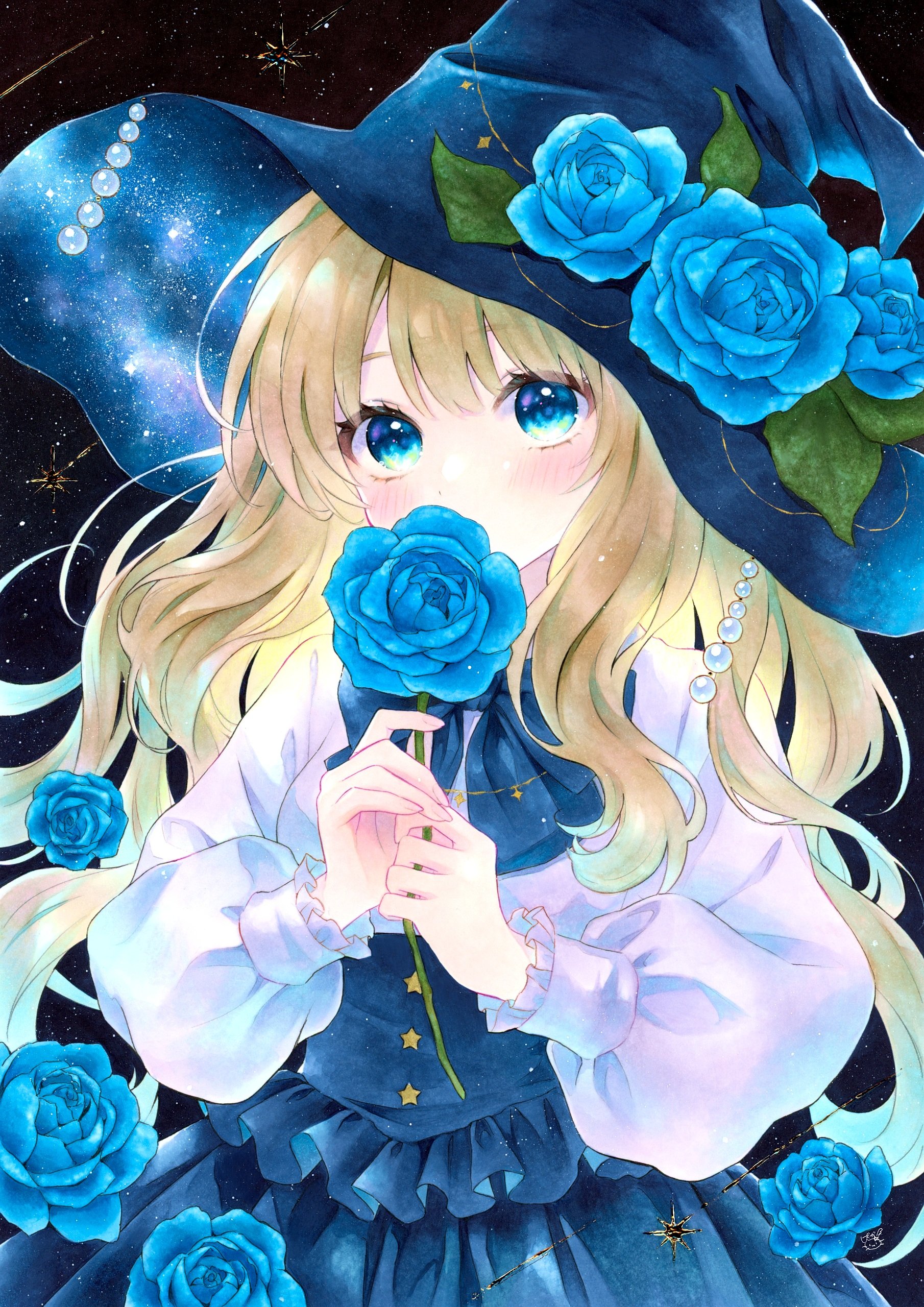 絵画。原画【かわいい白い猫が夜に梯子を登って光る星を集める