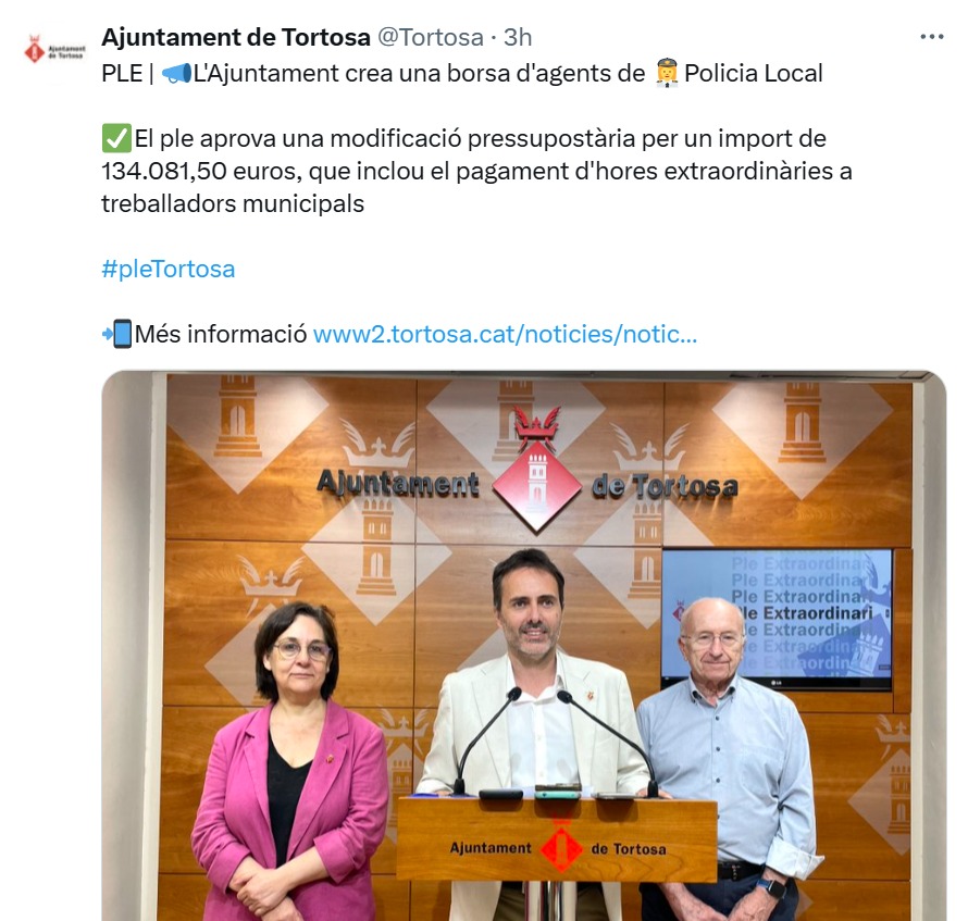 La borsa d'agents no resol el problema d'inseguretat a #Tortosa, cal ampliar plantilla. La modificació només inclou hores que ja es deuen a <a href="/PLTortosa/">Policia Local Tortosa</a>. Falten recursos per 2n semestre, ara no es poden ni pagar les hores de juliol. Una vegada més el #Desgovern va tard i malament!