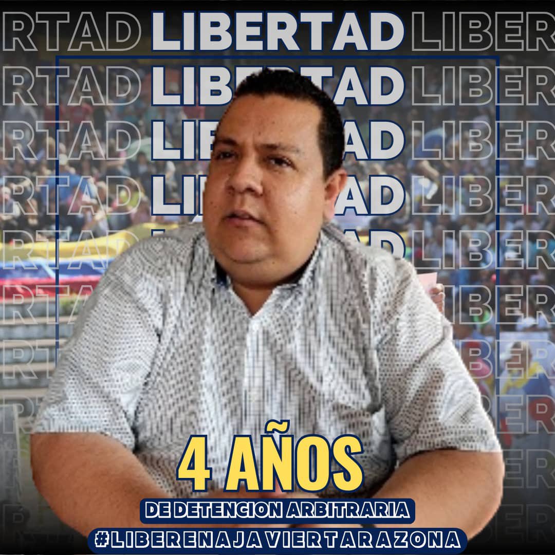César Pérez Vivas (@cesarperezvivas) on Twitter photo Hoy arriba a 4 años de injusta prisión un gran educador y luchador por la democracia: <a href="/javiertarazona/">Javier Tarazona</a>. Su delito: defender los derechos humanos y visibilizar los delitos en la frontera. Cuatro años sin juicio. ¿No será suficiente ya la venganza de quienes le tienen en prisión? Hoy arriba a 4 años de injusta prisión un gran educador y luchador por la democracia: <a href="/javiertarazona/">Javier Tarazona</a>. Su delito: defender los derechos humanos y visibilizar los delitos en la frontera. Cuatro años sin juicio. ¿No será suficiente ya la venganza de quienes le tienen en prisión?