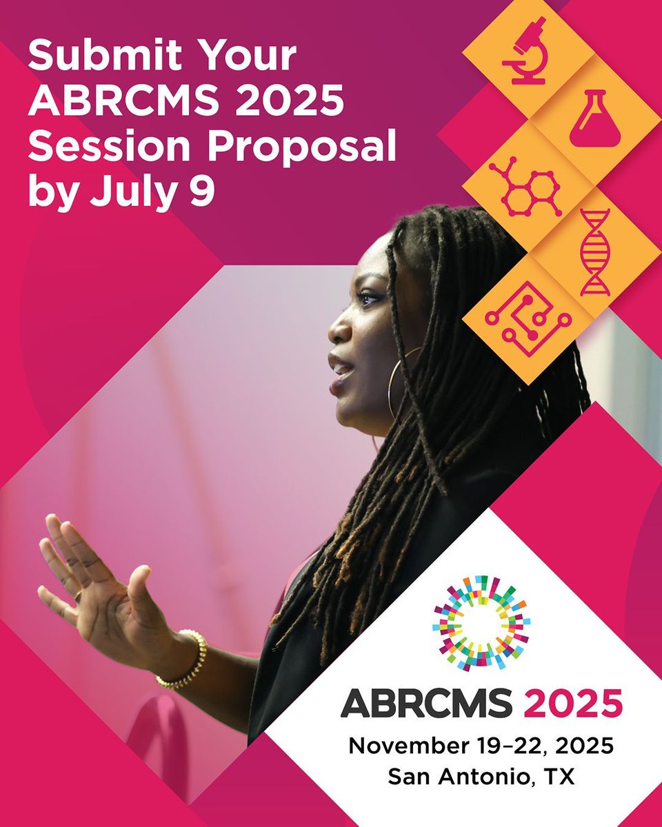 ABRCMS's tweet image. ⚠️ #ABRCMS2025 Deadline Reminder: Session proposals are due in 1 week!
Let’s build a cutting-edge program for 2025. Submit a professional development or scientific session proposal by July 9 to be considered.
abrcms.org/present-at-abr…
#STEM #STEMeducation