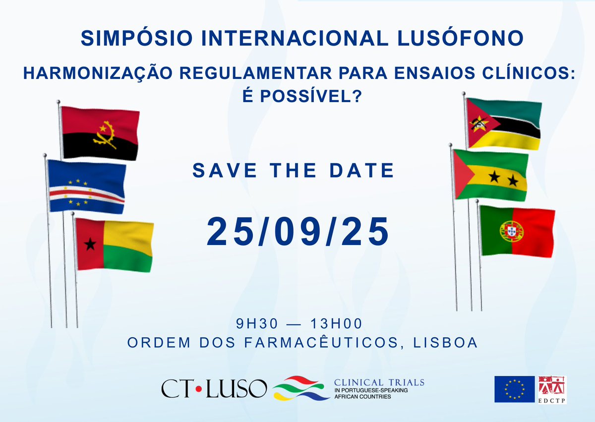 📅 Join #CTLuso for the international Portuguese-speaking #symposium: Lusophone regulatory and procedural harmonisation for clinical trials: is it possible?

🕘 25 Sep 09:30 – 13:00 GMT
📍 Ordem dos Farmacêuticos, Lisbon, Portugal

📖 Programme: lnkd.in/gUHWcwvR