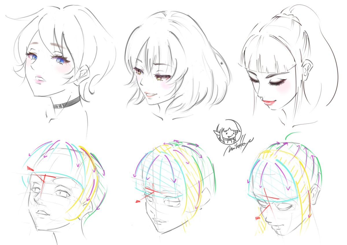 mirokkyu's tweet image. 顔の練習✏️
髪は前髪,中間,後ろを意識
髪の立体の流れを壊さず
描いていきました
#イラスト #クロッキー