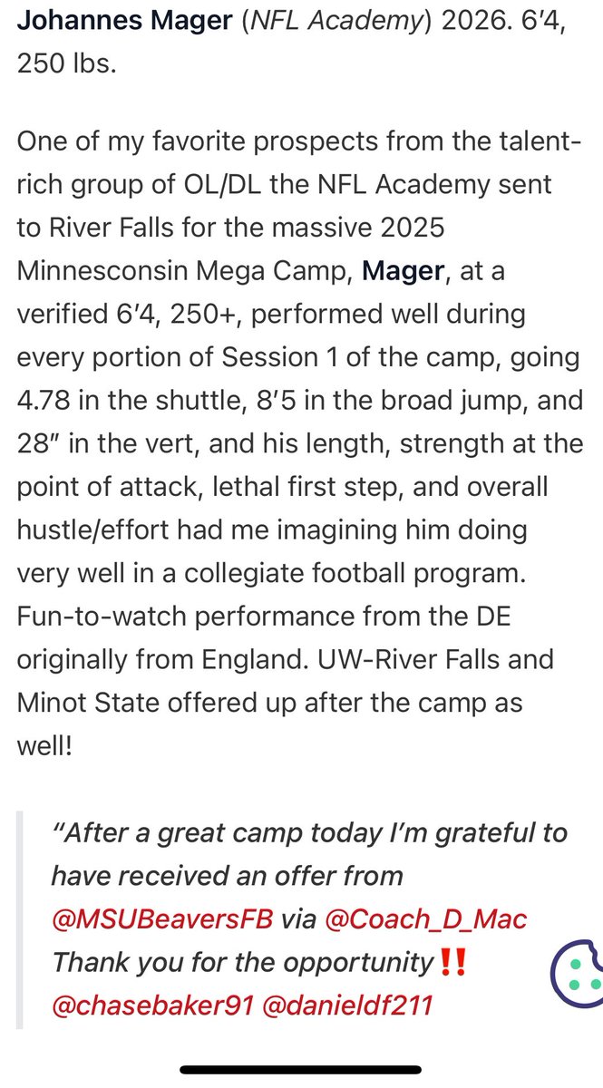 Johannes Mager (@johannes_mager) on Twitter photo Thank you for mentioning me <a href="/PrepRedzone/">Prep Redzone 🏈</a> <a href="/larryblustein/">Blustein Recruiting</a>
<a href="/NFLAcademy/">NFL Academy</a> <a href="/danieldf211/">Daniel Docal</a> <a href="/chasebaker91/">Chase Baker</a> <a href="/coachstevehagen/">Coach Hagen</a> <a href="/KrisDurham16/">Kris Durham</a> Thank you for mentioning me <a href="/PrepRedzone/">Prep Redzone 🏈</a> <a href="/larryblustein/">Blustein Recruiting</a>
<a href="/NFLAcademy/">NFL Academy</a> <a href="/danieldf211/">Daniel Docal</a> <a href="/chasebaker91/">Chase Baker</a> <a href="/coachstevehagen/">Coach Hagen</a> <a href="/KrisDurham16/">Kris Durham</a>