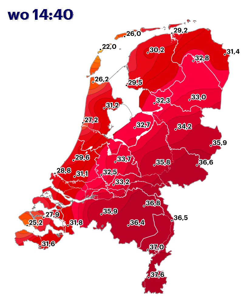 BuienRadarNL's tweet photo. De Bilt noteert met zijn 33,7 graden nu een nieuw datumrecord, voor de tweede dag op rij! Het oude record was 33,6 graden in 2010. Verder gaat Limburg nu richting 38 graden. Op 2 juli 2015 was het 38,2 in Maastricht. Het wordt nog spannend! #datumrecord
https://t.co/Z1Tuev5o0M https://t.co/phVUDeluz7