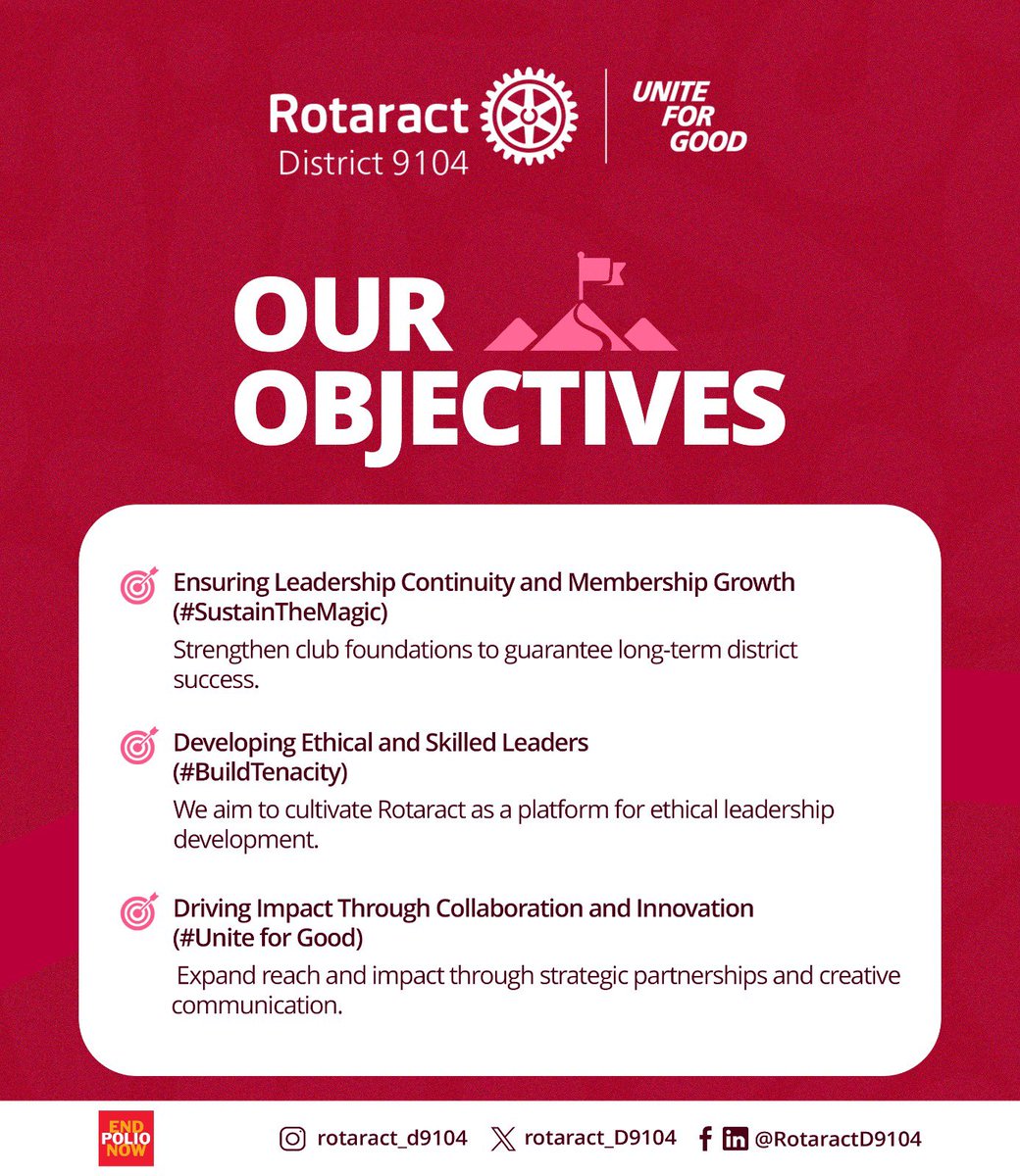 Welcome to the Unite for Good Year ✨
➖➖➖➖➖➖➖➖➖➖
This year, we choose to Unite for Good, lead with purpose, and raise the bar of service and leadership across our district.

#HappyNewYear #UniteForGood #BuildingTenacity #SustainingTheMagic #Rotaract9104