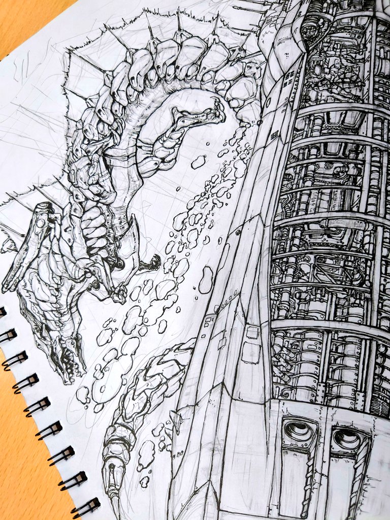 EB67eyebrow6700's tweet image. コミッションお進捗。メカドラゴン描けた。
依頼人の設定曰く、新兵器であるメカドラゴンを開発チームが潜水艦で視察している様子とのこと。

#scifiart #mecha #メカ